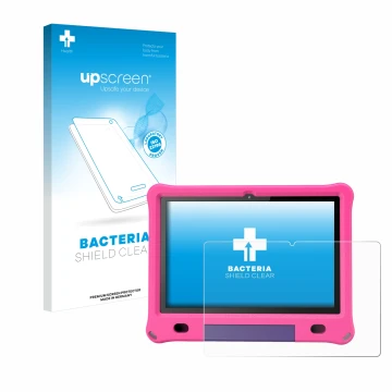 Face avant d’un emballage produit avec le logo de la marque upscreen. À côté, l’appareil Pritom B10 Kids 10.1