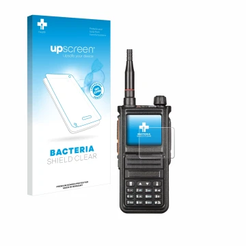 Face avant d’un emballage produit avec le logo de la marque upscreen. À côté, l’appareil Radtel RT-470X est représenté avec la