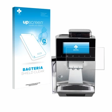 Face avant d’un emballage produit avec le logo de la marque upscreen. À côté, l’appareil Siemens EQ900 TQ903D03 est représenté