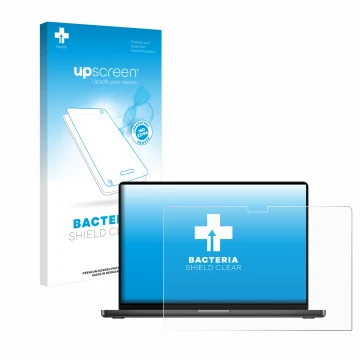 Face avant d’un emballage produit avec le logo de la marque upscreen. À côté, l’appareil Apple MacBook Pro 16