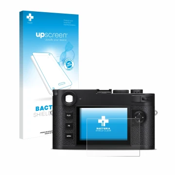 Face avant d’un emballage produit avec le logo de la marque upscreen. À côté, l’appareil Leica M11-P est représenté avec la pr