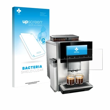 Face avant d’un emballage produit avec le logo de la marque upscreen. À côté, l’appareil Siemens EQ900 TQ907D03 est représenté