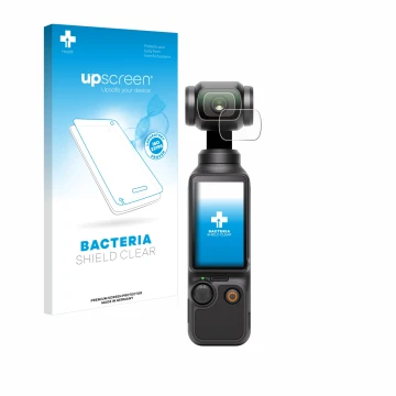 Face avant d’un emballage produit avec le logo de la marque upscreen. À côté, l’appareil DJI Osmo Pocket 3 (Lentille) est repr