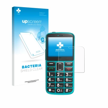 Face avant d’un emballage produit avec le logo de la marque upscreen. À côté, l’appareil Uleway Seniorenhandy est représenté a