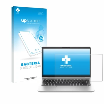 Face avant d’un emballage produit avec le logo de la marque upscreen. À côté, l’appareil HP ProBook 445 G10 est représenté ave