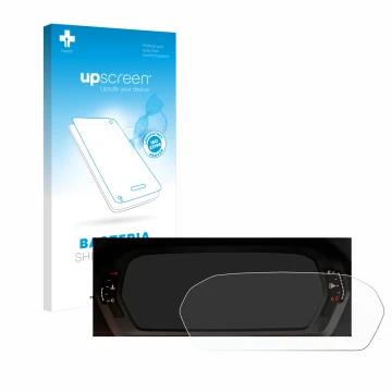 Face avant d’un emballage produit avec le logo de la marque upscreen. À côté, l’appareil Audi A3 2023 Virtual cockpit est repr