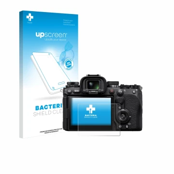 Face avant d’un emballage produit avec le logo de la marque upscreen. À côté, l’appareil Sony Alpha 9 III est représenté avec 