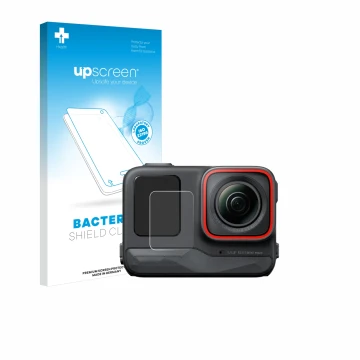 Face avant d’un emballage produit avec le logo de la marque upscreen. À côté, l’appareil Insta360 Ace Pro (Affichage avant) es