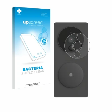 Face avant d’un emballage produit avec le logo de la marque upscreen. À côté, l’appareil Aqara SVD-KIT1 (Sonnette de porte vid