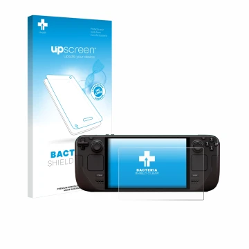 Face avant d’un emballage produit avec le logo de la marque upscreen. À côté, l’appareil Valve Steam Deck OLED est représenté 