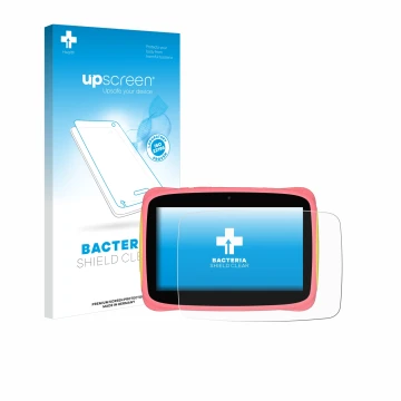 Face avant d’un emballage produit avec le logo de la marque upscreen. À côté, l’appareil Blackview Tab 3 Kids est représenté a