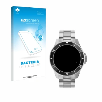 Face avant d’un emballage produit avec le logo de la marque upscreen. À côté, l’appareil Withings ScanWatch Nova (42 mm) est r