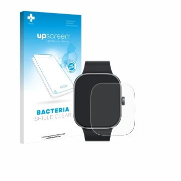 Face avant d’un emballage produit avec le logo de la marque upscreen. À côté, l’appareil Xiaomi Redmi Watch 4 est représenté a