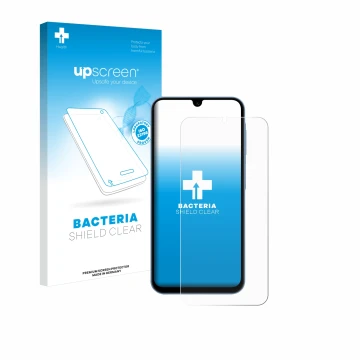 Face avant d’un emballage produit avec le logo de la marque upscreen. À côté, l’appareil Samsung Galaxy A15 est représenté ave