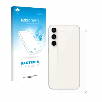 Face avant d’un emballage produit avec le logo de la marque upscreen. À côté, l’appareil Samsung Galaxy S23 FE (Arrière) est r