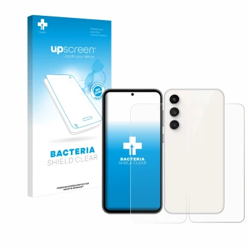 Face avant d’un emballage produit avec le logo de la marque upscreen. À côté, l’appareil Samsung Galaxy S23 FE (Avant+Arrière)
