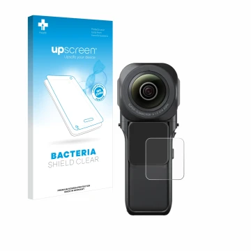 Face avant d’un emballage produit avec le logo de la marque upscreen. À côté, l’appareil Insta360 One RS 1-Zoll 360 est représ