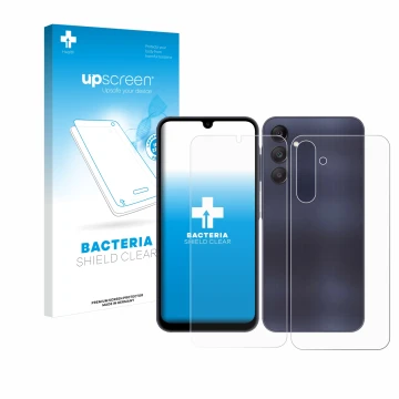 Face avant d’un emballage produit avec le logo de la marque upscreen. À côté, l’appareil Samsung Galaxy A25 5G (Avant+Arrière)