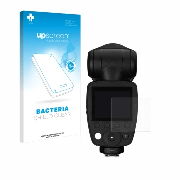 Face avant d’un emballage produit avec le logo de la marque upscreen. À côté, l’appareil Profoto A10 est représenté avec la pr