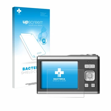 Face avant d’un emballage produit avec le logo de la marque upscreen. À côté, l’appareil Rollei Compactline 10X est représenté