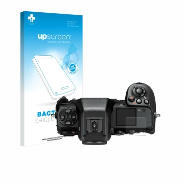 Face avant d’un emballage produit avec le logo de la marque upscreen. À côté, l’appareil Nikon Z 8 (affichage des épaules) est