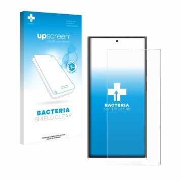 Face avant d’un emballage produit avec le logo de la marque upscreen. À côté, l’appareil Samsung Galaxy S24 Ultra (case-friend