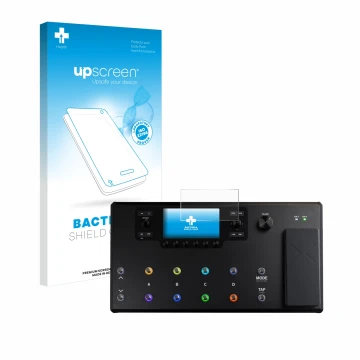 Face avant d’un emballage produit avec le logo de la marque upscreen. À côté, l’appareil Line 6 Helix LT est représenté avec l