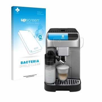 Face avant d’un emballage produit avec le logo de la marque upscreen. À côté, l’appareil DeLonghi Magnifica Plus est représent