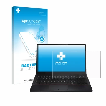 Face avant d’un emballage produit avec le logo de la marque upscreen. À côté, l’appareil Fujitsu Lifebook E5412 est représenté