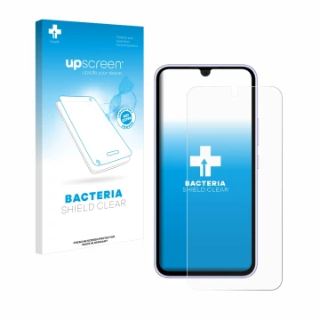 Face avant d’un emballage produit avec le logo de la marque upscreen. À côté, l’appareil Samsung Galaxy A54 5G (case-friendly)