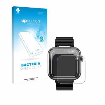 Face avant d’un emballage produit avec le logo de la marque upscreen. À côté, l’appareil Vtech Kidizoom Smartwatch MAX est rep