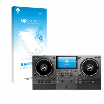 Face avant d’un emballage produit avec le logo de la marque upscreen. À côté, l’appareil Numark Mixstream Pro Go est représent