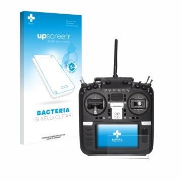 Face avant d’un emballage produit avec le logo de la marque upscreen. À côté, l’appareil Radiomaster TX16S Mark II est représe