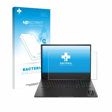 Face avant d’un emballage produit avec le logo de la marque upscreen. À côté, l’appareil HP Omen 16 2024 est représenté avec l