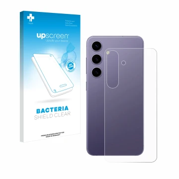 Face avant d’un emballage produit avec le logo de la marque upscreen. À côté, l’appareil Samsung Galaxy S24 (Arrière) est repr