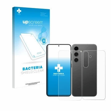 Face avant d’un emballage produit avec le logo de la marque upscreen. À côté, l’appareil Samsung Galaxy S24 Plus (Avant+Arrièr