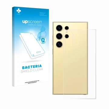 Face avant d’un emballage produit avec le logo de la marque upscreen. À côté, l’appareil Samsung Galaxy S24 Ultra (Arrière) es