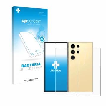 Face avant d’un emballage produit avec le logo de la marque upscreen. À côté, l’appareil Samsung Galaxy S24 Ultra (case-friend