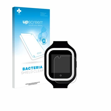 Face avant d’un emballage produit avec le logo de la marque upscreen. À côté, l’appareil SaveFamily Iconic Plus 4G est représe
