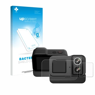 Face avant d’un emballage produit avec le logo de la marque upscreen. À côté, l’appareil SJCAM SJ20 Dual Lens est représenté a