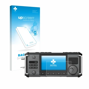 Face avant d’un emballage produit avec le logo de la marque upscreen. À côté, l’appareil Xiegu X6200 est représenté avec la pr
