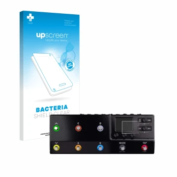 Face avant d’un emballage produit avec le logo de la marque upscreen. À côté, l’appareil Line 6 hx stomp XL est représenté ave