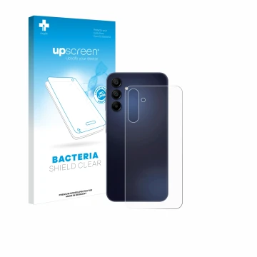Face avant d’un emballage produit avec le logo de la marque upscreen. À côté, l’appareil Samsung Galaxy A15 5G (Arrière) est r