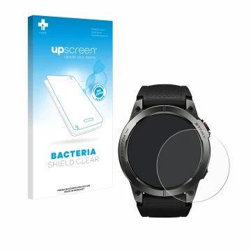 Face avant d’un emballage produit avec le logo de la marque upscreen. À côté, l’appareil Zeblaze Stratos 3 est représenté avec