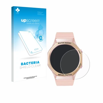 Face avant d’un emballage produit avec le logo de la marque upscreen. À côté, l’appareil Mutoy Smartwatch 1.32