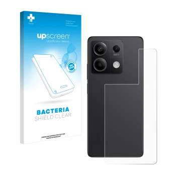 Face avant d’un emballage produit avec le logo de la marque upscreen. À côté, l’appareil Xiaomi Redmi Note 13 Pro 5G (Arrière)