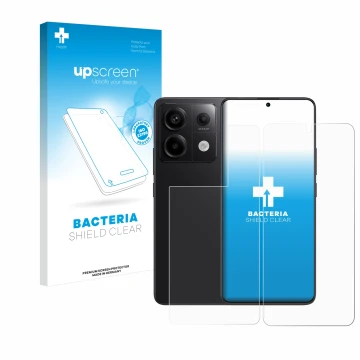 Face avant d’un emballage produit avec le logo de la marque upscreen. À côté, l’appareil Xiaomi Redmi Note 13 Pro 5G (Avant+Ar