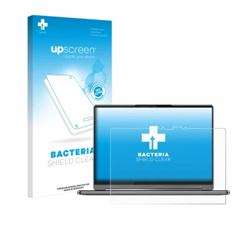 Face avant d’un emballage produit avec le logo de la marque upscreen. À côté, l’appareil Lenovo Yoga 9i Gen 9 2-in-1 14