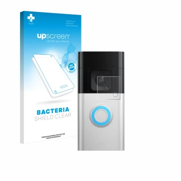 Face avant d’un emballage produit avec le logo de la marque upscreen. À côté, l’appareil Ring Video Doorbell Plus est représen