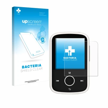 Face avant d’un emballage produit avec le logo de la marque upscreen. À côté, l’appareil Majority MP3 16GB est représenté avec